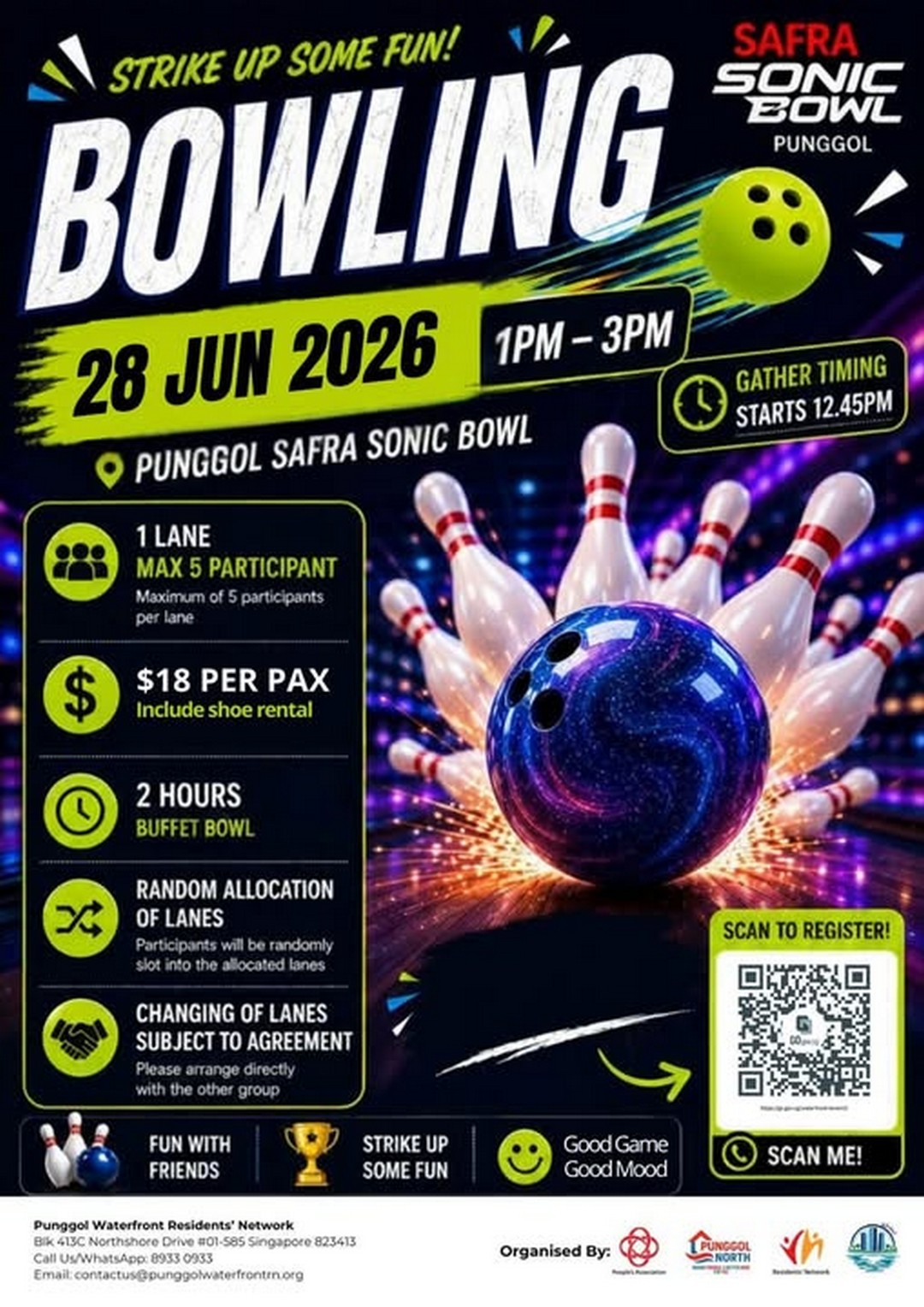 Punggol-Waterfront-RN-Bowling-at-SAFRA-Sonic-Bowl 28 June 2026: Punggol Waterfront RN Bowling at SAFRA Sonic Bowl: Community Bowling Social Event Promotion (Affordable 2-Hour Buffet Bowl Session at SAFRA Punggol)