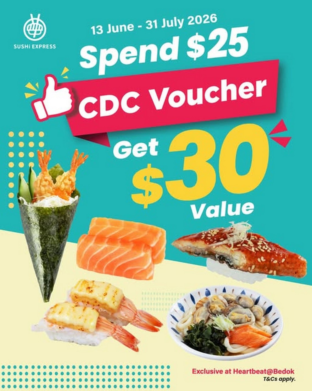 Sushi-Express-Heartbeat-@-Bedok-CDC-Voucher-Promotion 13 June – 31 July 2026: Sushi Express Heartbeat @ Bedok CDC Voucher Promotion, Stretch Your Value Dining Deal at $30 Sushi Experience
