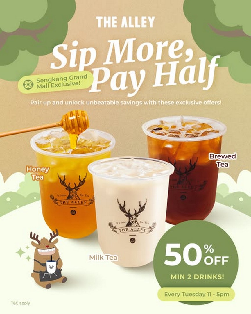 The-Alley-Singapore-Tuesday-Bubble-Tea-Half-Price-Deal 9 June 2026 onwards: The Alley Singapore, Tuesday Bubble Tea Half-Price Deal Promotion at Sengkang Grand Mall, 50% Off When Buying 2 Drinks