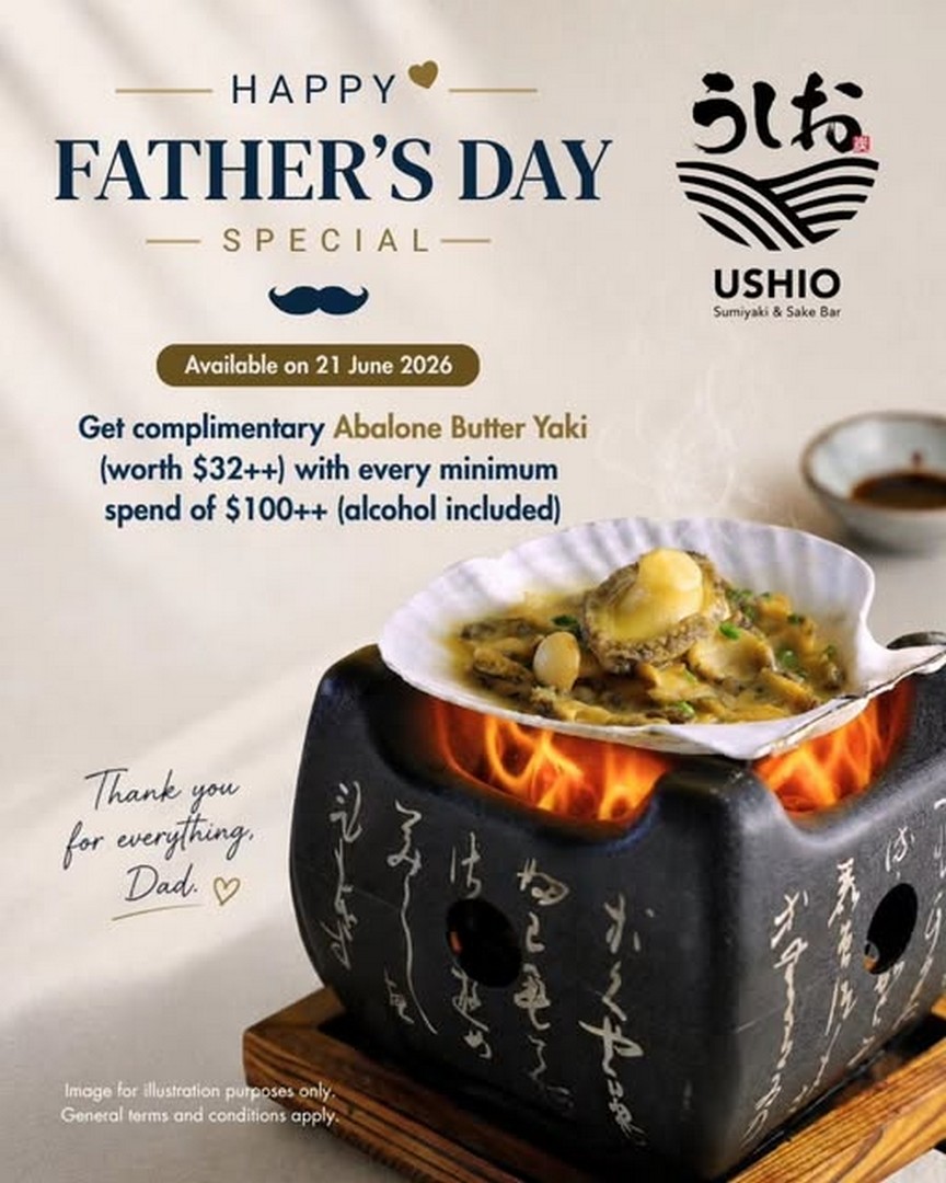 USHIO-Sumiyaki-Sake-Bar-Fathers-Day-Promotion 21 June 2026: USHIO Sumiyaki & Sake Bar Father’s Day Promotion – Complimentary Abalone Butter Yaki with Minimum Spend While Enjoying Marina Bay Skyline Views