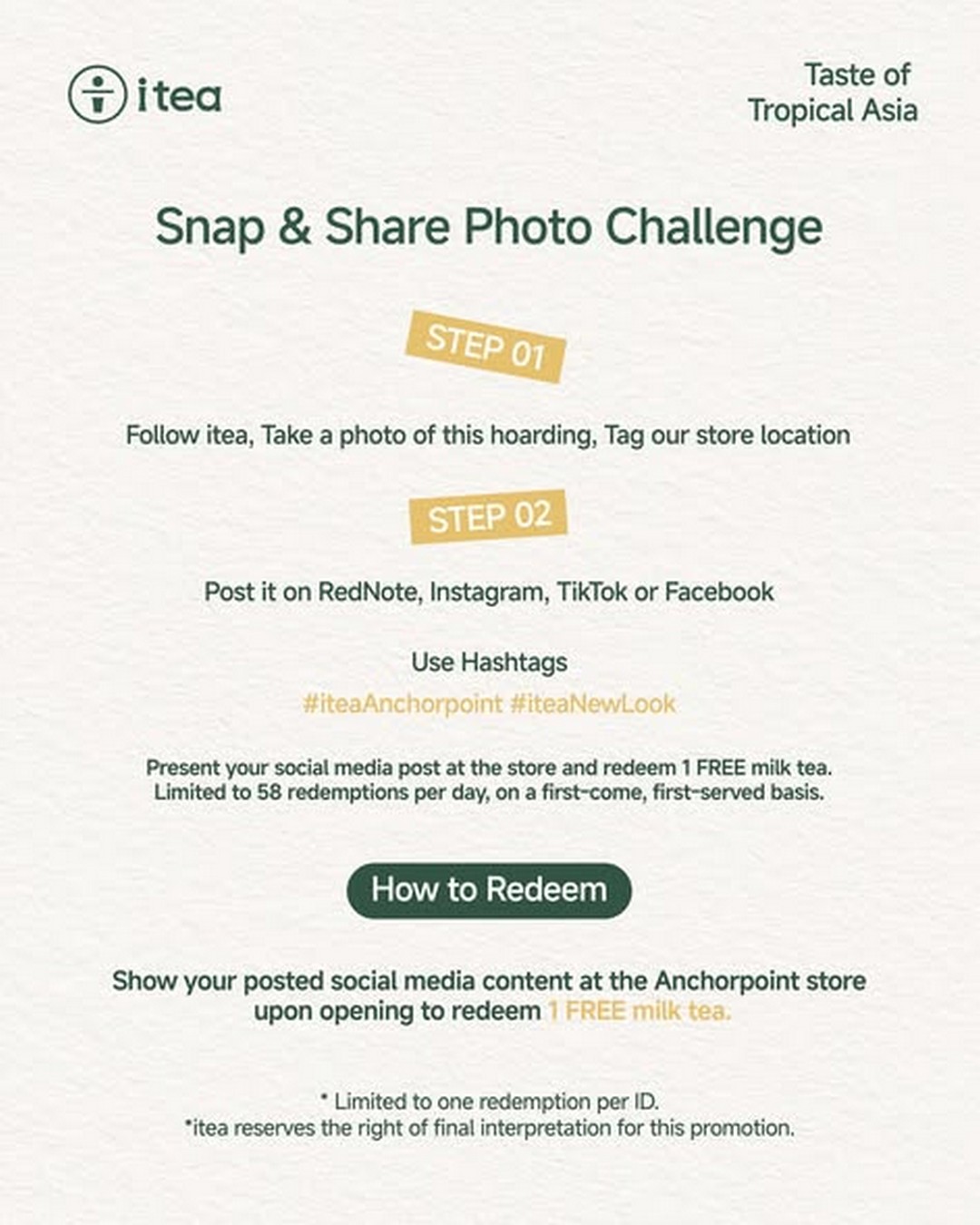 iTea-Singapore-Anchorpoint-Launch-Giveaway-Campaign-1 8 June 2026 onwards: iTea Singapore Anchorpoint Launch Giveaway Campaign, Free Drinks Hoarding Check-In Promotion