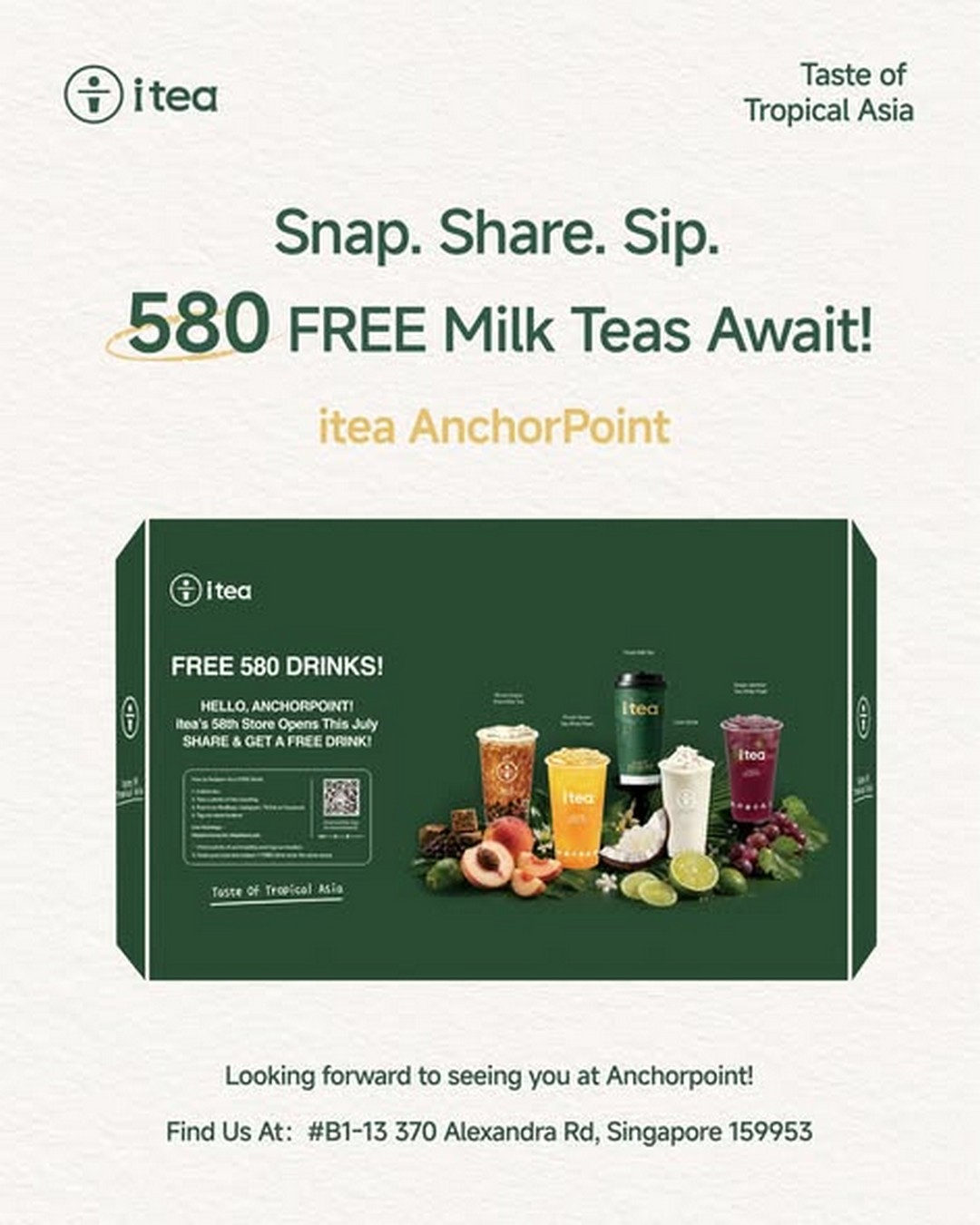 iTea-Singapore-Anchorpoint-Launch-Giveaway-Campaign 8 June 2026 onwards: iTea Singapore Anchorpoint Launch Giveaway Campaign, Free Drinks Hoarding Check-In Promotion