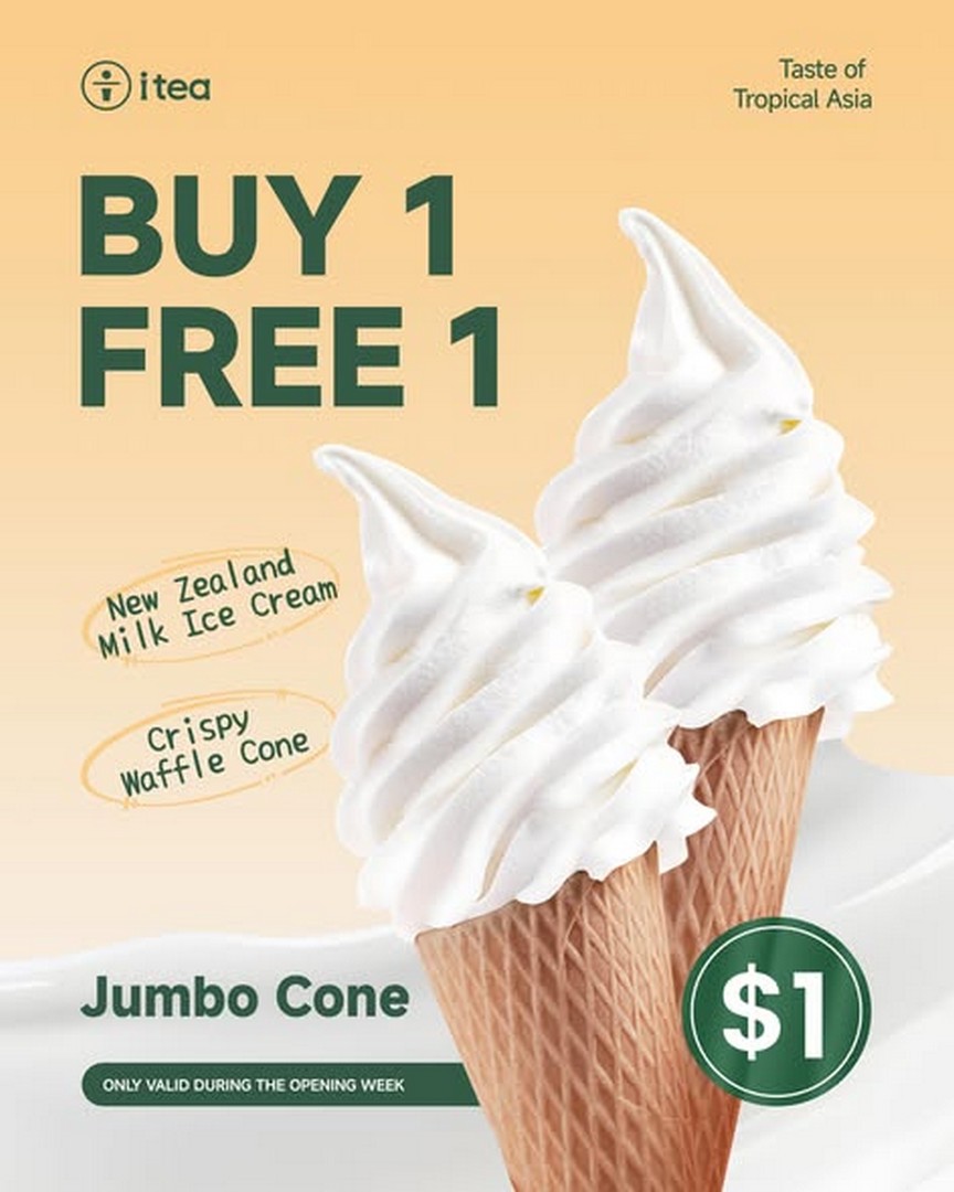iTea-Singapore-Grand-Opening-Promotion-at-Punggol-Plaza-2 16–22 June 2026: iTea Singapore, Grand Opening Promotion at Punggol Plaza with Buy 2 Free 1 Drinks & B1F1 Jumbo Cone Deal