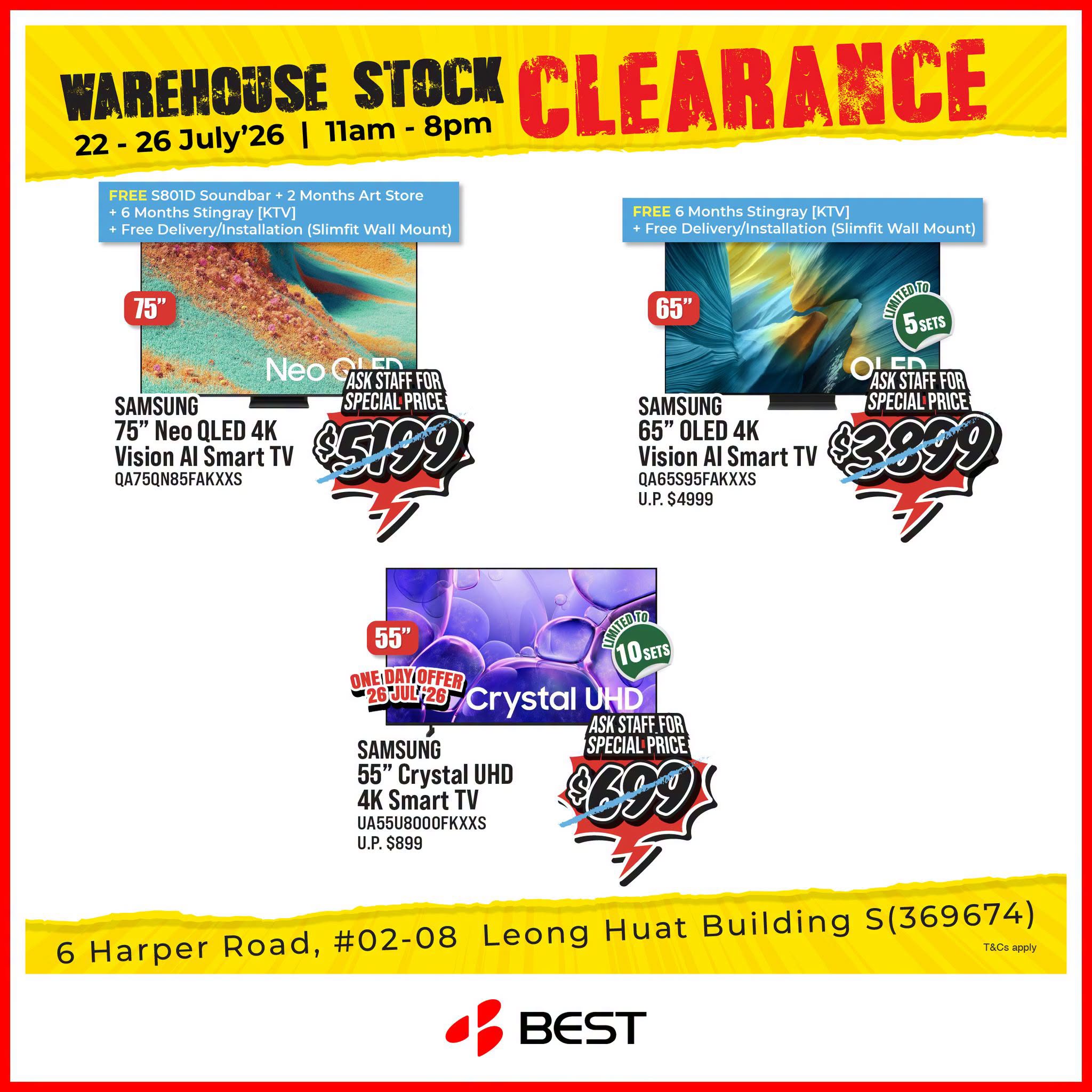 3 22-26 July 2026: Best Denki Singapore Warehouse Clearance Sale: Up to 90% OFF Electronics Bargains at Leong Huat Building