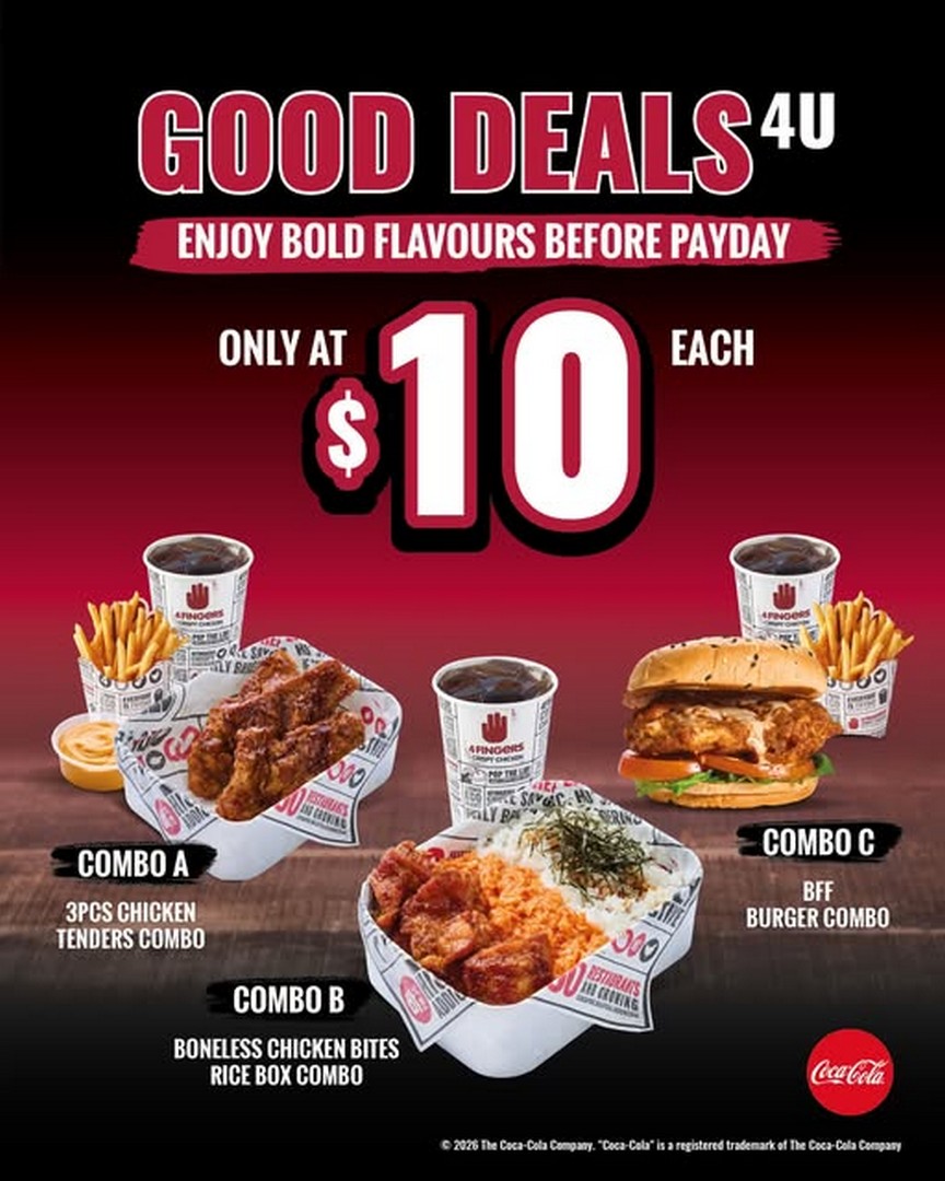 4Fingers-Crispy-Chicken-Singapore-10-Combo-Promotion 20-23 July 2026: 4Fingers Crispy Chicken Singapore: $10 Combo Promotion Before Payday With Chicken Tenders, Chicken Bites Rice Box And BFF Burger Deals