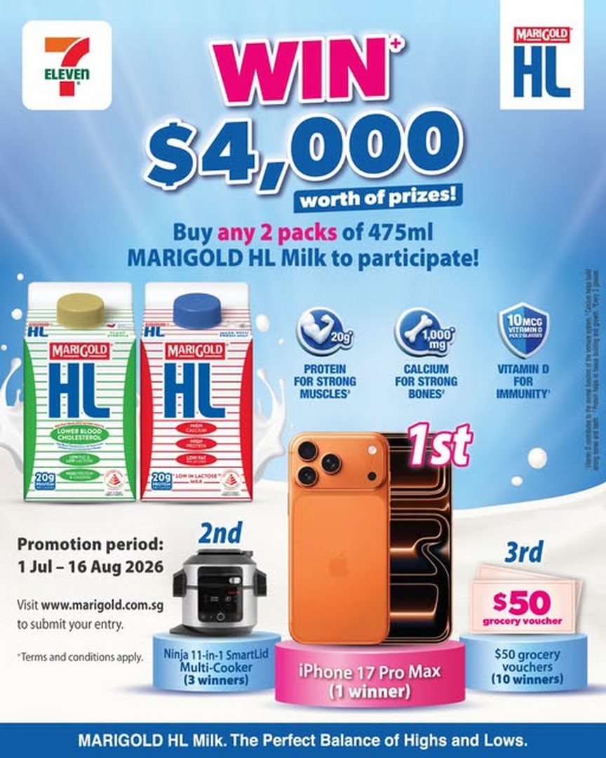 7-Eleven-Singapore-MARIGOLD-HL-Milk-Lucky-Draw-Promotion 1 July – 16 August 2026: 7-Eleven Singapore MARIGOLD HL Milk Lucky Draw Promotion – Buy 2 Bottles and Stand a Chance to Win an iPhone 17 Pro Max and Up to $4,000 Worth of Prizes