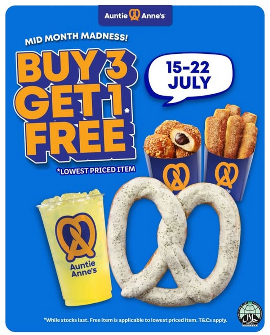 Auntie-Annes-Singapore-Buy-3-Get-1-Free-Promotion 15-22 July 2026: Auntie Anne's Singapore Buy 3 Get 1 Free Promotion – Enjoy Freshly Baked Pretzels at Great Value Across Selected Outlets