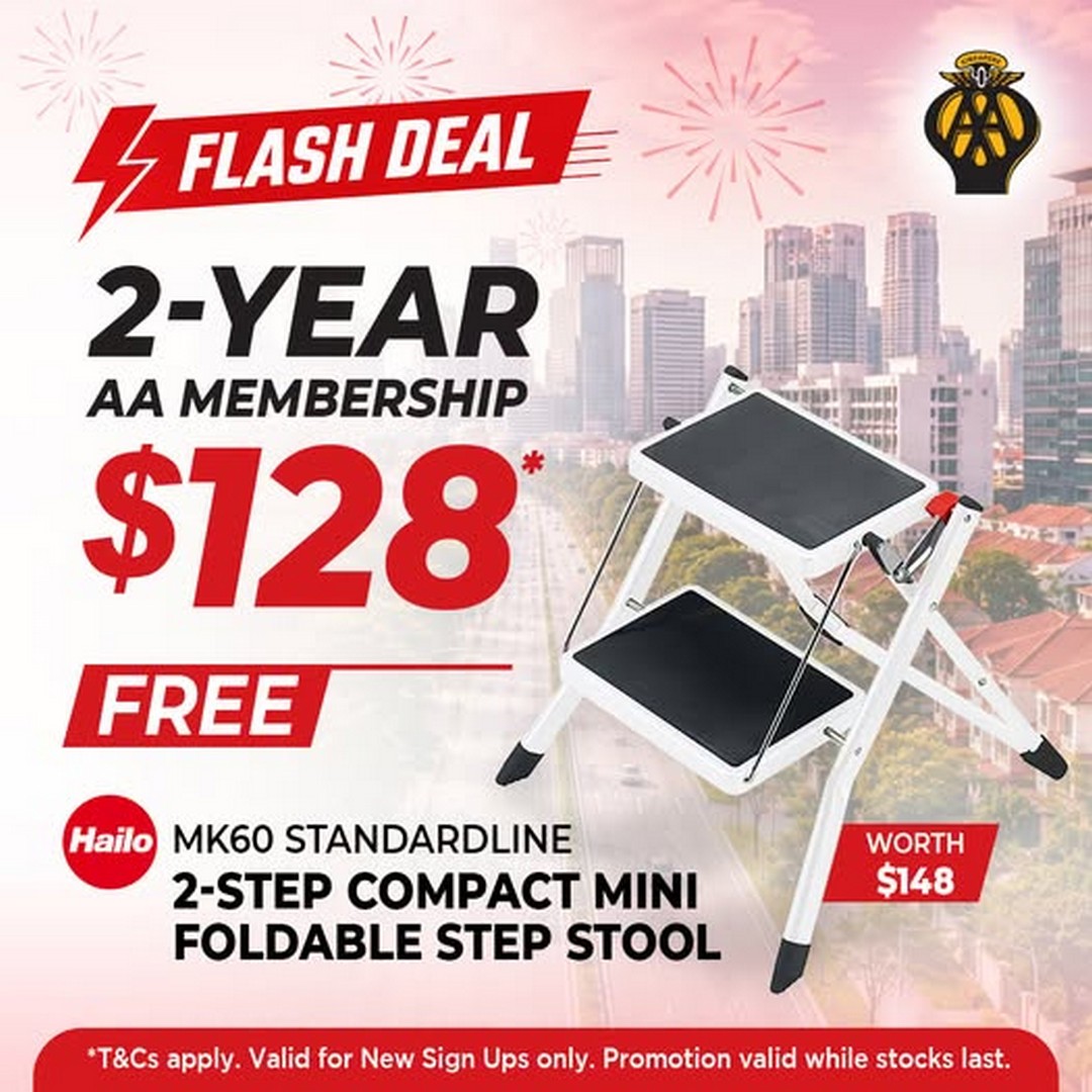 Automobile-Association-of-Singapore-AA-Singapore 24 July 2026 onwards: Automobile Association of Singapore (AA Singapore): National Day Promotion with 2-Year Membership at $128 and Free HAILO MK60 Foldable Step Stool Giveaway