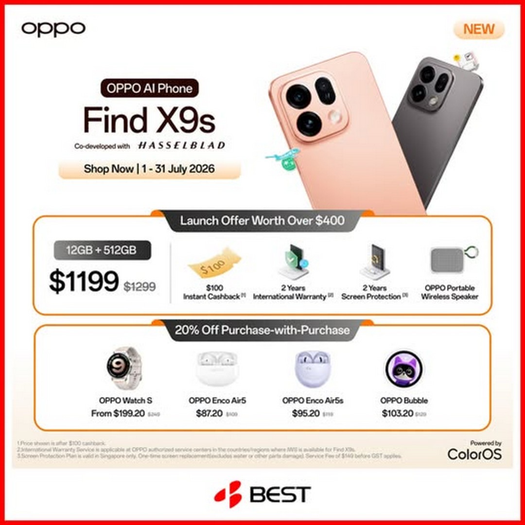 BEST-Denki-Singapore-OPPO-Find-X9s-Launch-Promotion 1–31 July 2026: BEST Denki Singapore OPPO Find X9s Launch Promotion – Enjoy $100 Instant Cashback and Over $400 Worth of Exclusive Launch Offers