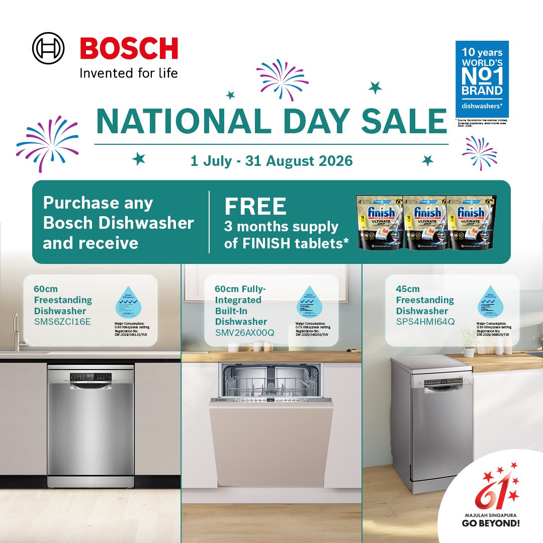 Bosch-Free-FINISH-Tablets-Promotion 1 July–31 August 2026: Bosch Free FINISH Tablets Promotion – Buy Any Bosch Dishwasher and Receive a Free 3-Month Supply at Participating Retailers in Singapore