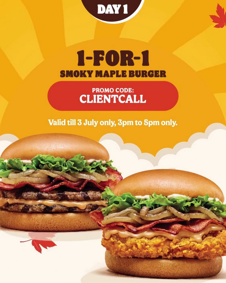 Burger-King-Singapore-1-for-1-Smoky-Maple-Burger-Promotion 1–3 July 2026: Burger King Singapore 1-for-1 Smoky Maple Burger Promotion – Enjoy an Afternoon Treat for the Price of One Between 3PM and 5PM