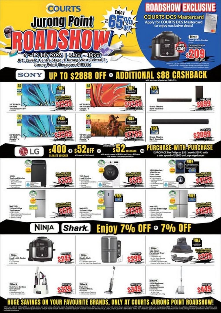COURTS-Jurong-Point-Roadshow-Promotion 6-12 July 2026: COURTS Jurong Point Roadshow Promotion – Enjoy Up to 65% Off Sony, LG, Ninja, Shark and Exclusive Mastercard Deals