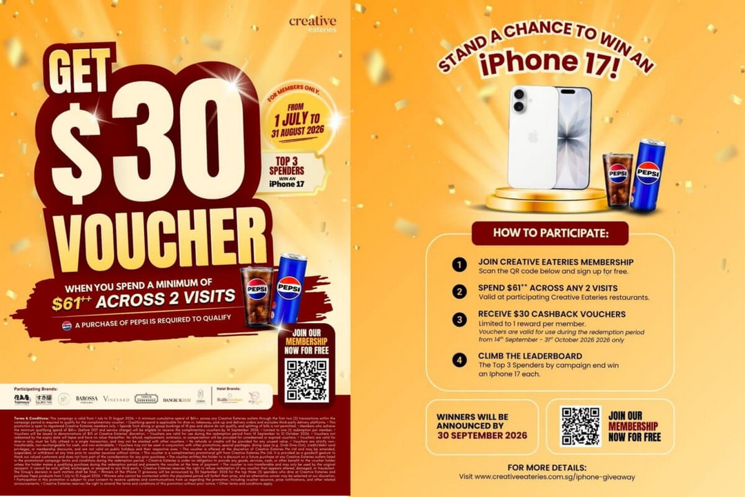 Creative-Eateries-Singapore-61st-Birthday-Promotion 1 July-31 August 2026: Creative Eateries Singapore 61st Birthday Promotion: Spend $61++ and Receive $30 Cashback Voucher or Win iPhone 17 Giveaway Event
