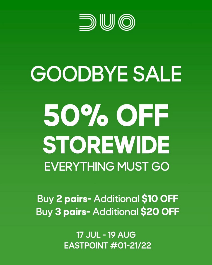 DUOZOULU-Singapore-Goodbye-Sale 17 July-19 August 2026: DUOZOULU Singapore Goodbye Sale Promotion, Enjoy 50% OFF All Shoes Plus Extra Savings at Eastpoint Mall