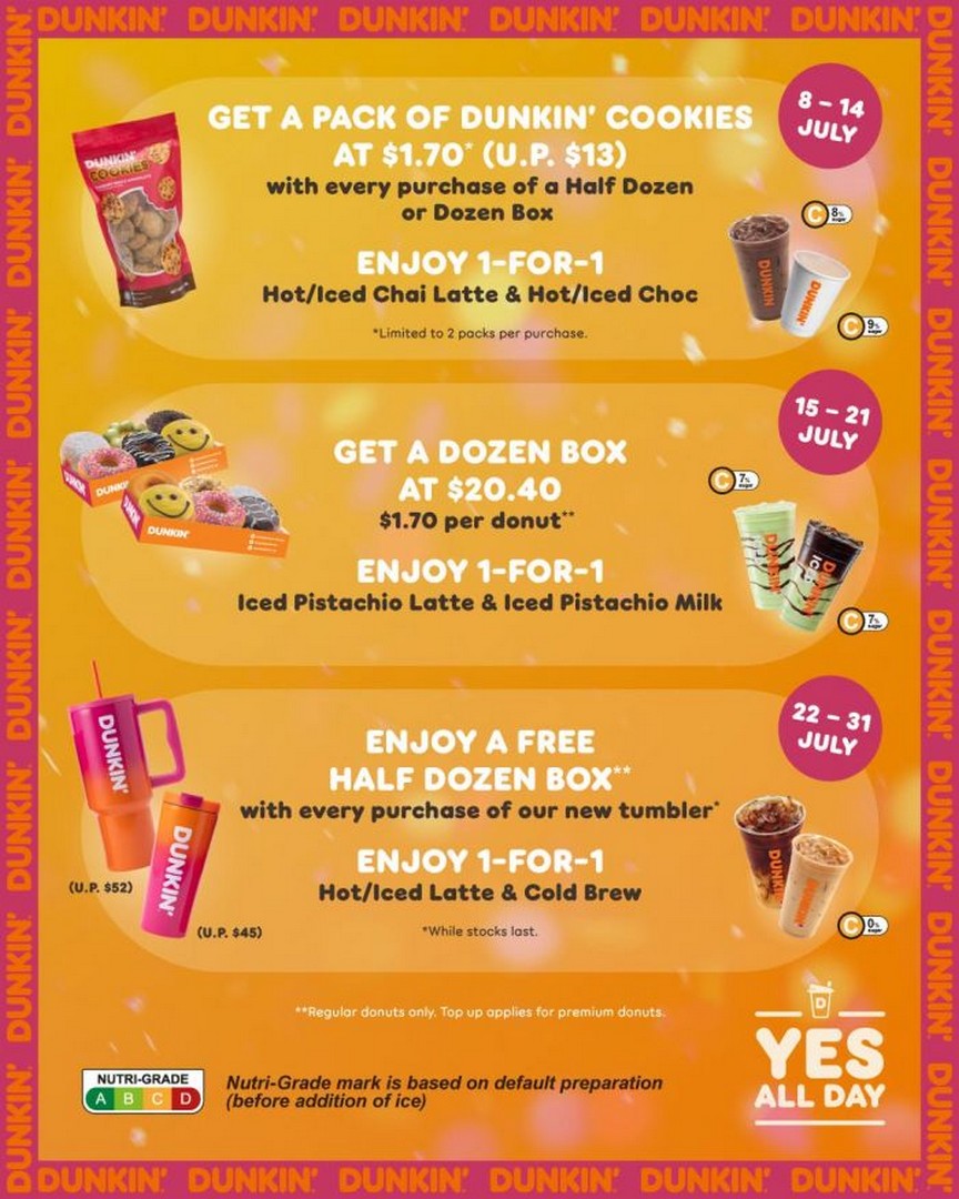 Dunkin-Singapore-17th-Birthday-Promotion-–-Enjoy-1.70-Cookie 8-31 July 2026: Dunkin' Singapore 17th Birthday Promotion – Enjoy $1.70 Cookies, 1-for-1 Drinks, Dozen Donut Deals and Free Half Dozen Box Celebration Sale