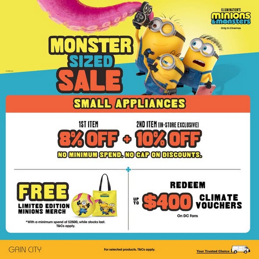 Gain-City-MONSTER-SIZED-Sale-Promotion-1 22 July 2026 onwards: Gain City: MONSTER-SIZED Sale Promotion With Bigger Savings, Free Minions & Monsters Merchandise and Chance to Win DENZA SG D9 MPV