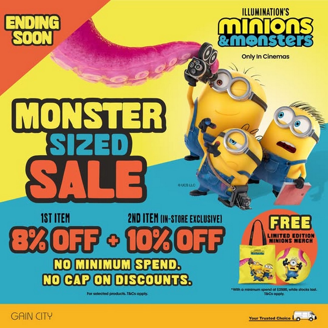 Gain-City-MONSTER-SIZED-Sale-Promotion 22 July 2026 onwards: Gain City: MONSTER-SIZED Sale Promotion With Bigger Savings, Free Minions & Monsters Merchandise and Chance to Win DENZA SG D9 MPV