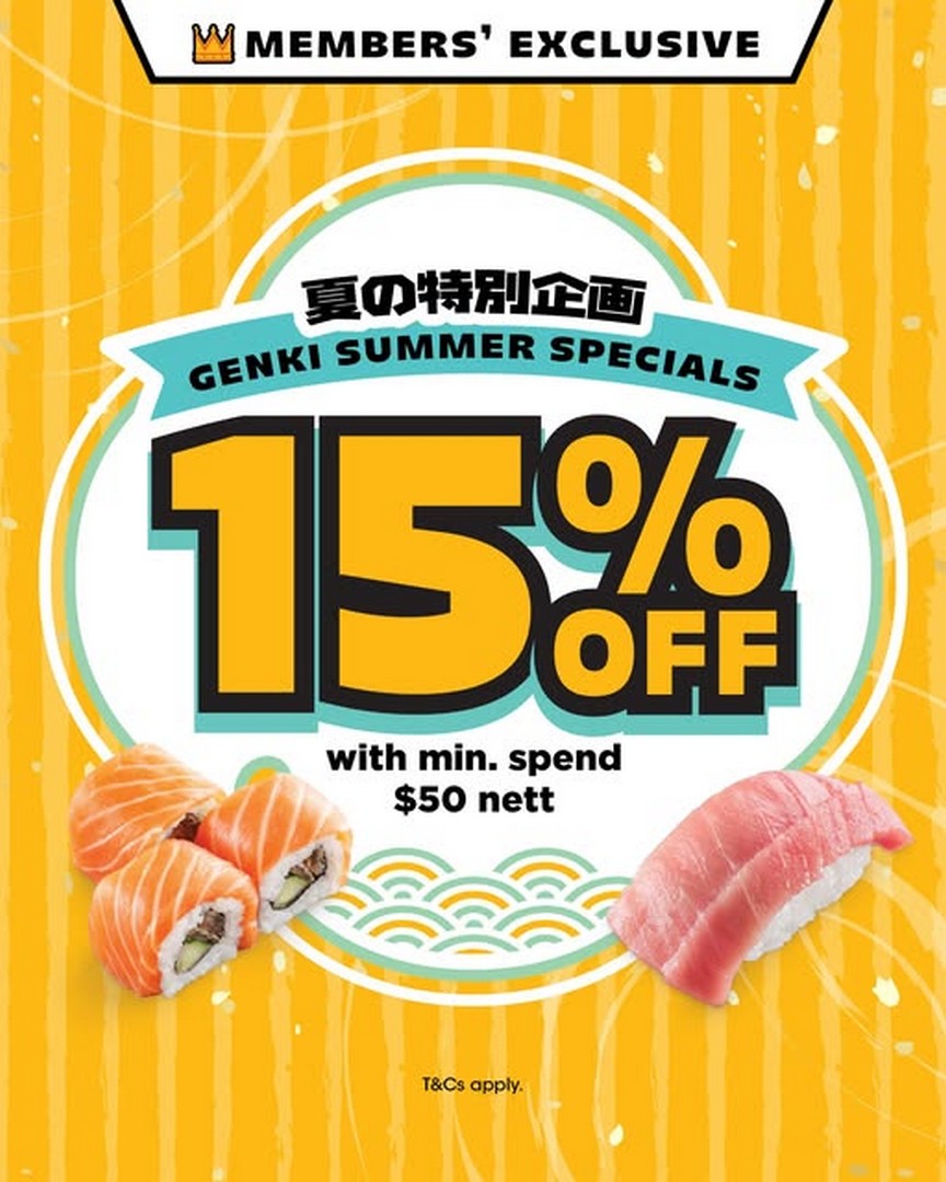 Genki-Sushi-Singapore-15-OFF-Members-Promotion 13 July 2026 onwards: Genki Sushi Singapore 15% OFF Members Promotion – Enjoy Savings with Minimum $50 Spend on Your Sushi Feast