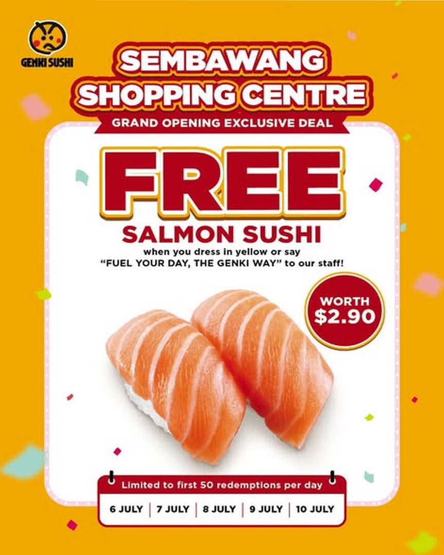 Genki-Sushi-Singapore-Sembawang-Shopping-Centre-Opening-Promotion-1 6–31 July 2026: Genki Sushi Singapore Sembawang Shopping Centre Opening Promotion – Enjoy 2 Sushi for Just $2.20 and Free Salmon Sushi Giveaway