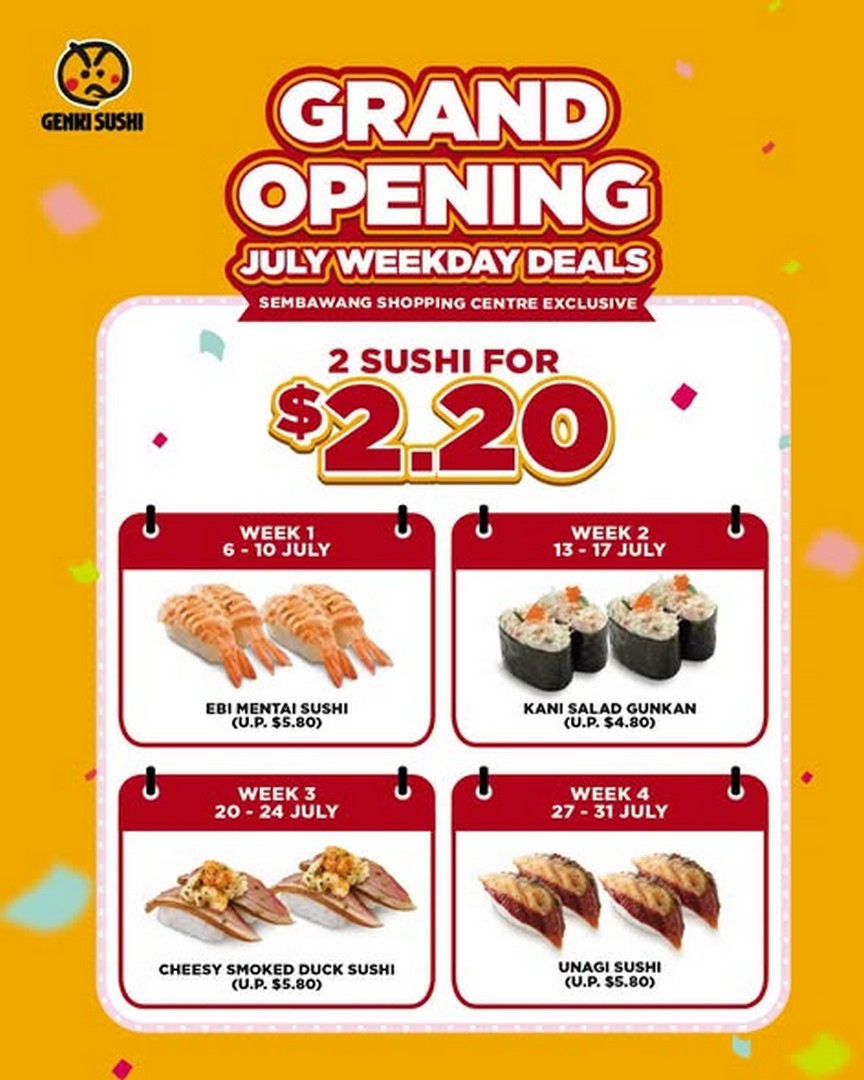 Genki-Sushi-Singapore-Sembawang-Shopping-Centre-Opening-Promotion 6–31 July 2026: Genki Sushi Singapore Sembawang Shopping Centre Opening Promotion – Enjoy 2 Sushi for Just $2.20 and Free Salmon Sushi Giveaway