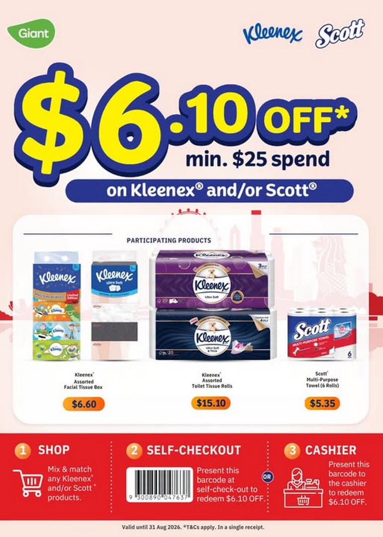 Giant-Singapore-Kleenex-Scott-Promotion Now till 31 August 2026: Giant Singapore Kleenex & Scott Promotion – Enjoy Instant $6.10 OFF When You Spend $25 on Everyday Essentials