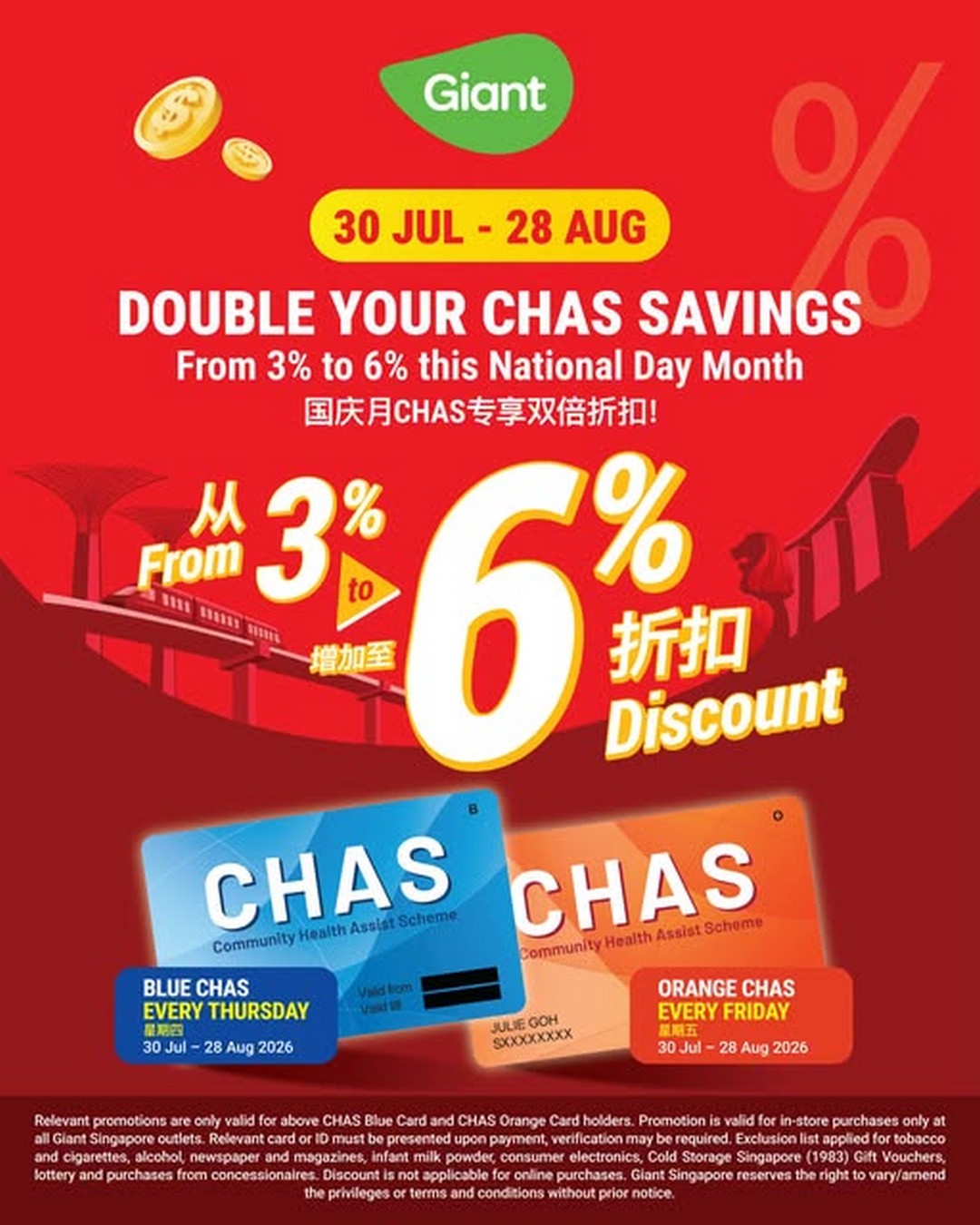 Giant-Singapore-National-Day-Special-Promotion 30 July-28 August 2026: Giant Singapore National Day Special Promotion: Double CHAS Savings with 6% OFF Every Week