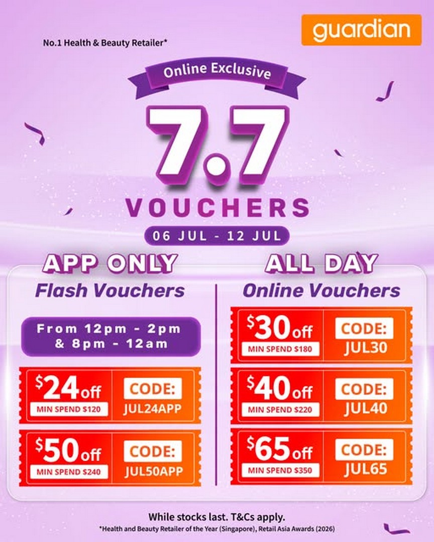 Guardian-Singapore-7.7-Super-Sale-Promotion 6–12 July 2026: Guardian Singapore 7.7 Super Sale Promotion – Enjoy Up to $65 OFF Online with Exclusive Vouchers Plus Up to 50% OFF Beauty, Health & Wellness Essentials