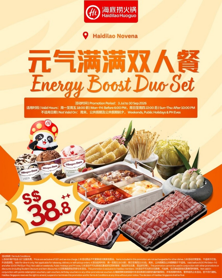 Haidilao-Hot-Pot-Singapore-Promotion-for-38.80-Energy-Boost 14 July-30 September 2026: Haidilao Hot Pot Singapore: Promotion for $38.80 Energy Boost Duo Set at Novena for Two-Person Hot Pot Dining Deal