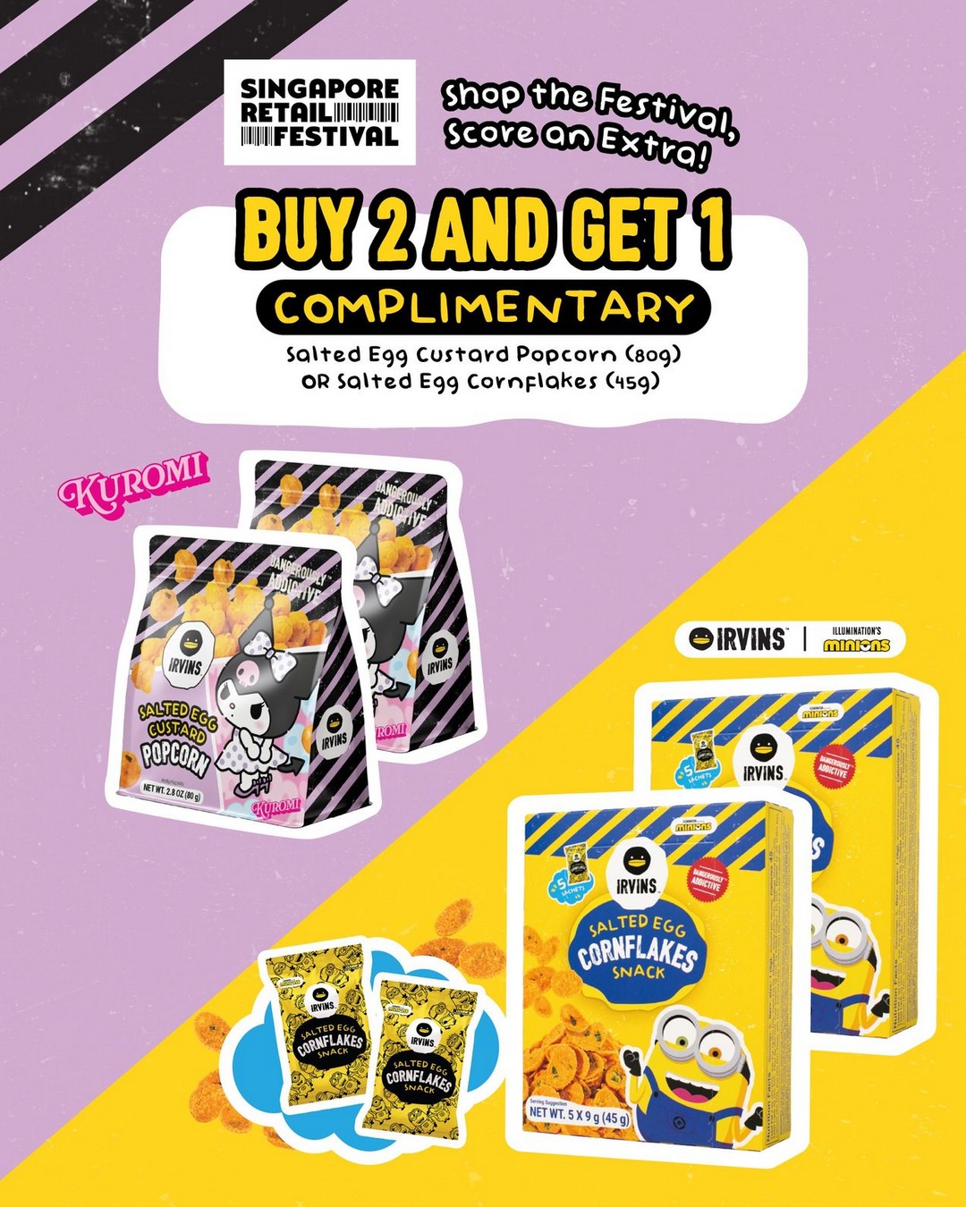 IRVINS-Salted-Egg-Singapore-Retail-Festival-Special-Buy-2-Get-1-Free 16 July 2026 onwards: IRVINS Salted Egg Singapore Retail Festival Special Buy 2 Get 1 Free Promotion on Limited Edition MINIONS and Kuromi Snacks