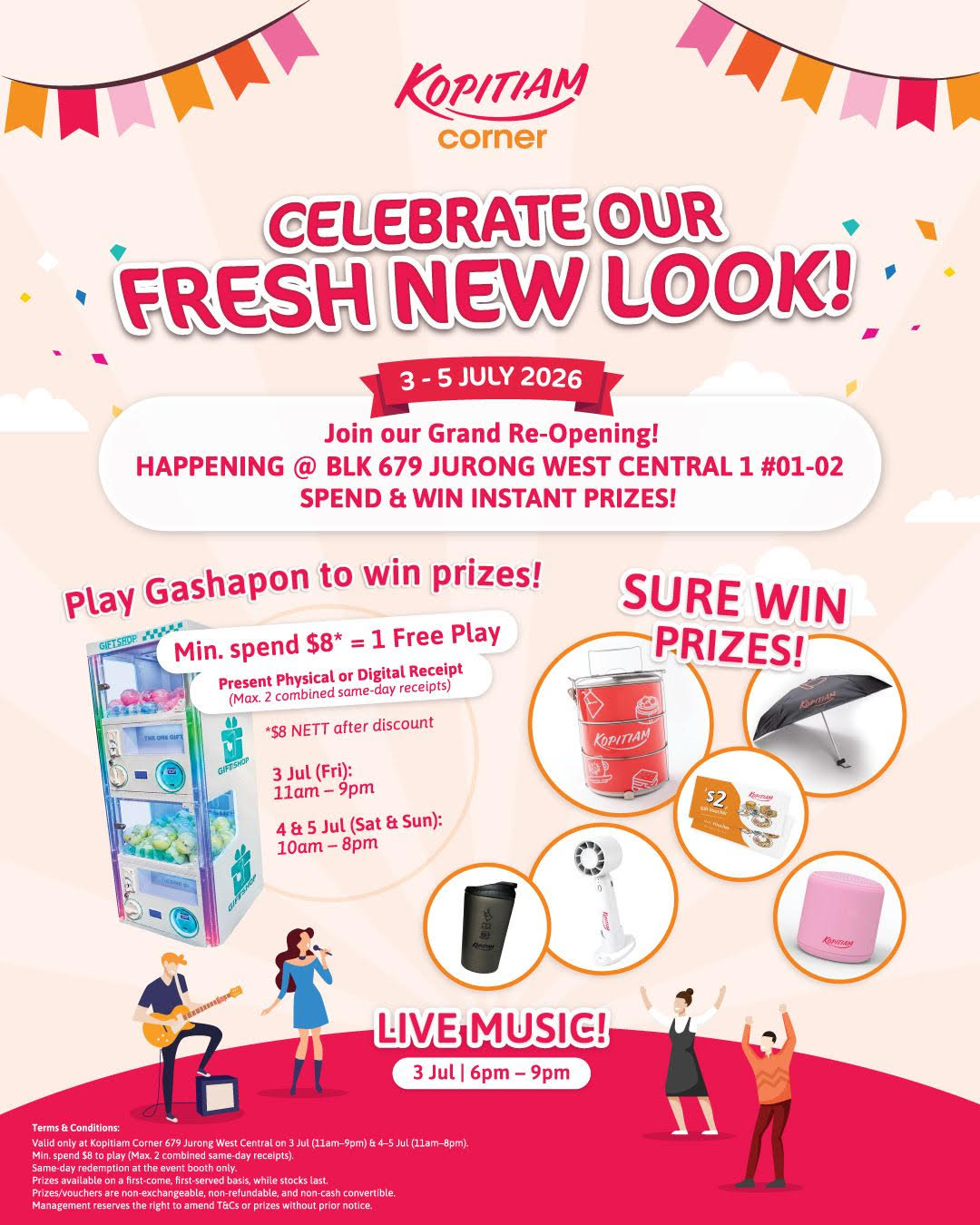 Kopitiam-Corner-Jurong-West-Grand-Reopening-Spend-Win-Promotion 3-5 July 2026: Kopitiam Corner Jurong West Grand Reopening Spend & Win Promotion – Spend $8 and Receive a Sure-Win Gashapon Prize Plus Live Music