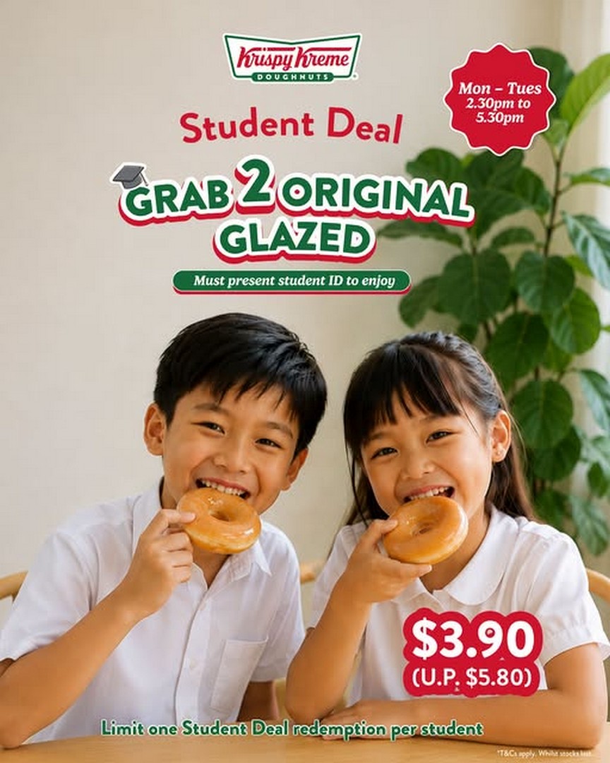 Krispy-Kreme-Singapore-Student-Promotion 6 July 2026 onwards: Krispy Kreme Singapore Student Promotion – Enjoy 2 Original Glazed Doughnuts for Just $3.90 Every Monday and Tuesday