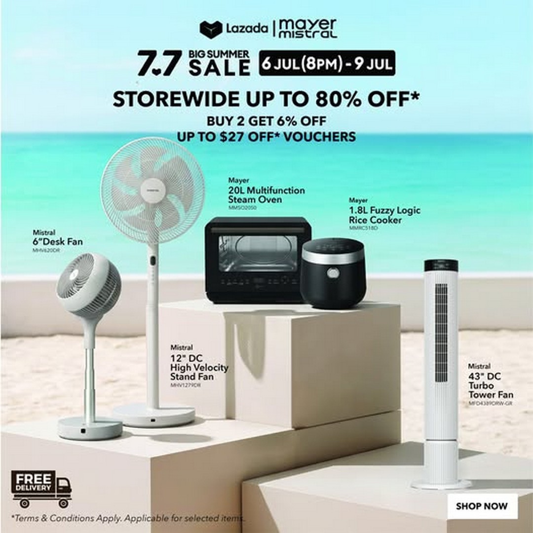 Mayer-Singapore-Lazada-7.7-Big-Summer-Sale 6-9 July 2026: Mayer Singapore Lazada 7.7 Big Summer Sale Promotion – Save Up to 80% on Mayer & Mistral Home Appliances with Free Shipping and Exclusive Vouchers