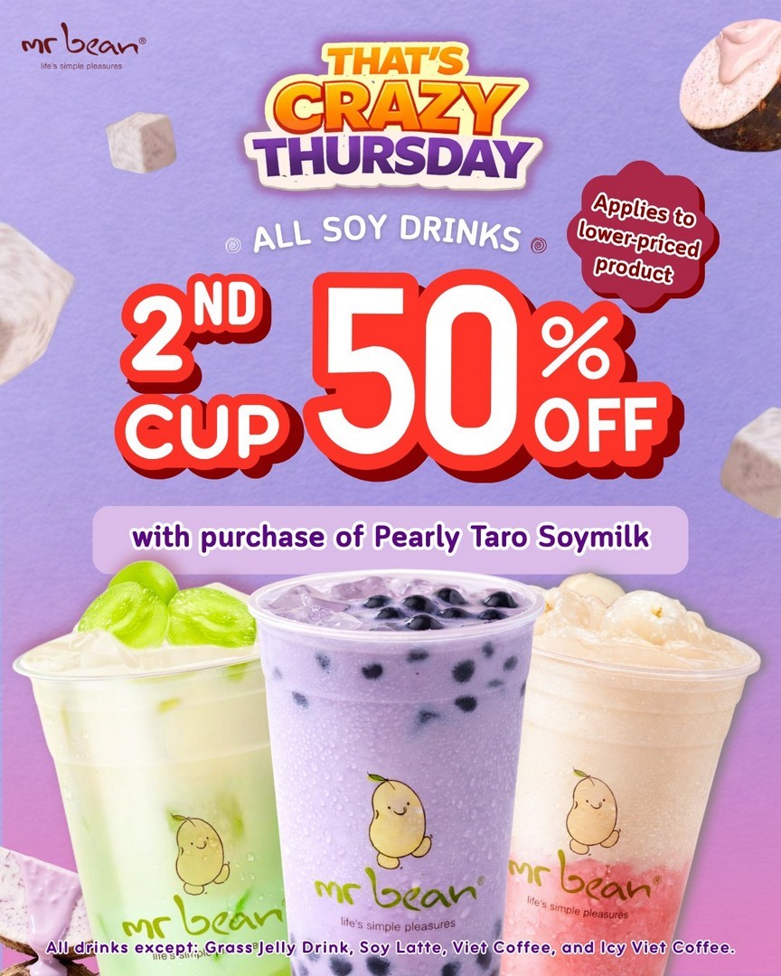 Mr-Bean-Singapore-Promotion 23 July 2026: Mr Bean Singapore Promotion – Buy Pearly Taro Soymilk and Enjoy 50% Off Second Soy Drink Deal