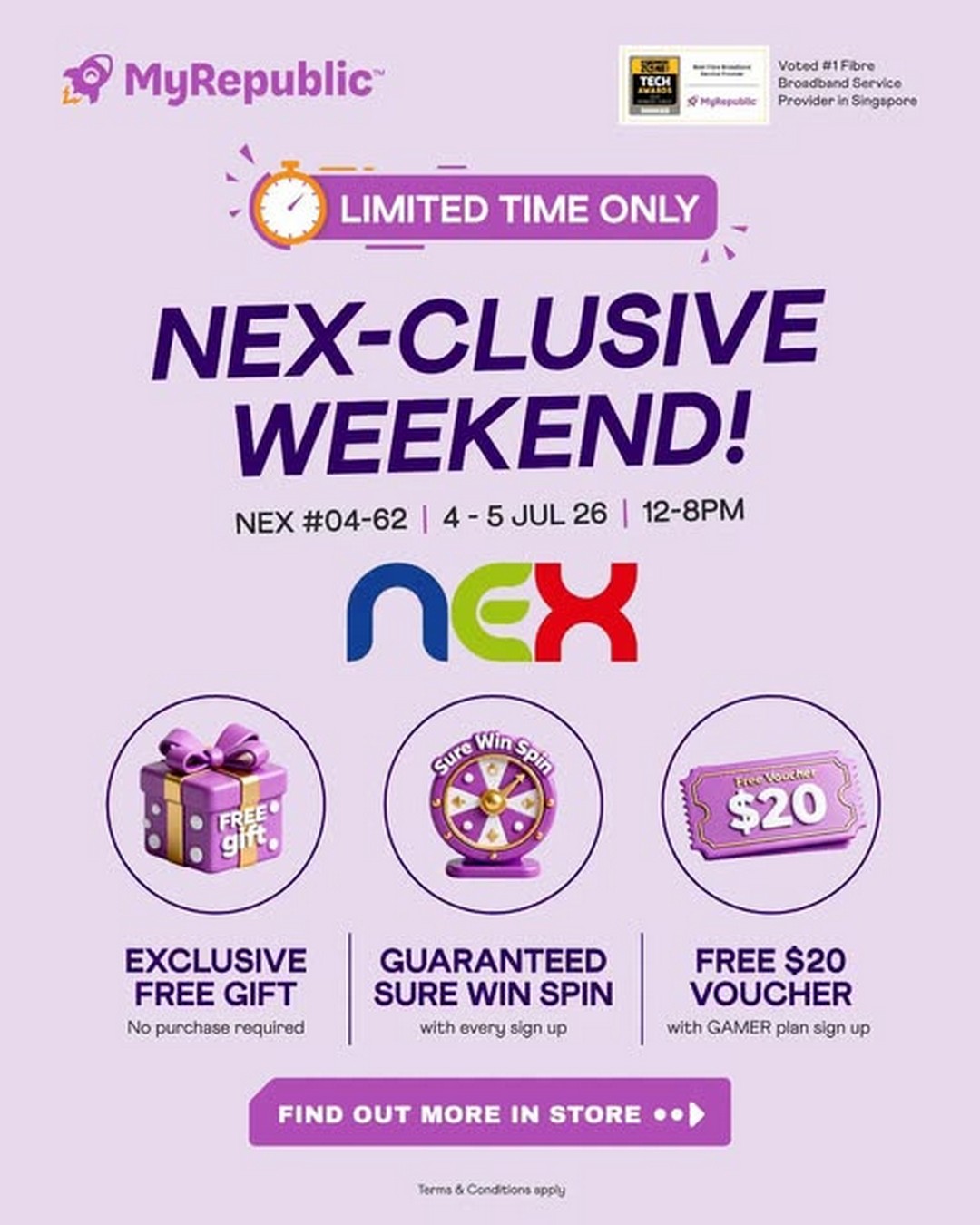 MyRepublic-Singapore-NEX-CLUSIVE-Weekend-Promotion 4-5 July 2026: MyRepublic Singapore NEX-CLUSIVE Weekend Promotion with Free Gifts, Sure Win Spin, $20 Voucher and Exclusive Broadband Sign-up Rewards at NEX