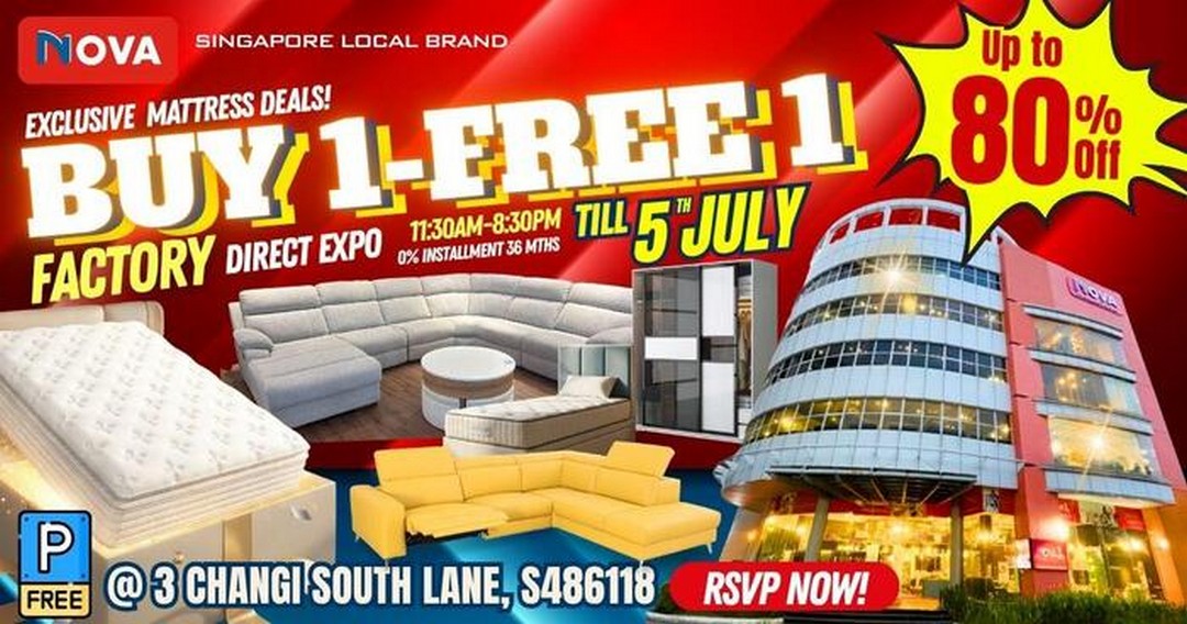 NOVA-Furnishing-Changi-Warehouse-Clearance-Sale Now till 5 July 2026: NOVA Furnishing Changi Warehouse Clearance Sale, Buy 1 Get 1 Free Mattress Promotion, Up to 80% Off Home Furniture Deals in Singapore