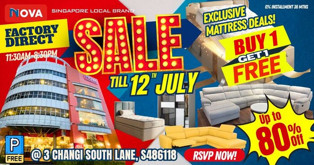 NOVA-Furnishing-Largest-Warehouse-Clearance-Sale-at-Changi Now till 12 July 2026: NOVA Furnishing Largest Warehouse Clearance Sale at Changi – Buy 1 Get 1 Free Mattress Promotion, Up to 80% Off Furniture, Trade-In Savings & 0% Interest Deals