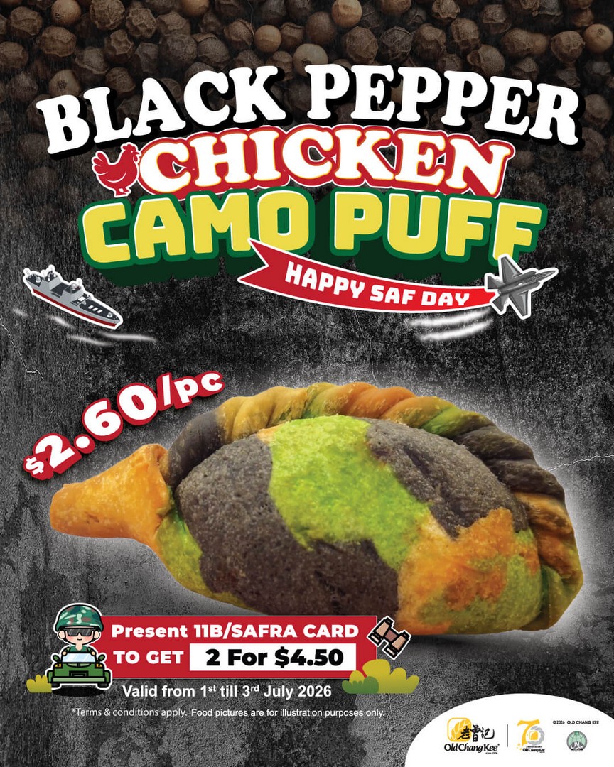 Old-Chang-Kee-SAF-Day-Special-Black-Pepper-Chicken-Camo-Puff-Promotion 1–3 July 2026: Old Chang Kee SAF Day Special Black Pepper Chicken Camo Puff Promotion – Enjoy Limited-Time Deals from Just $2.60 with 2 for $4.50 for 11B and SAFRA Cardholders