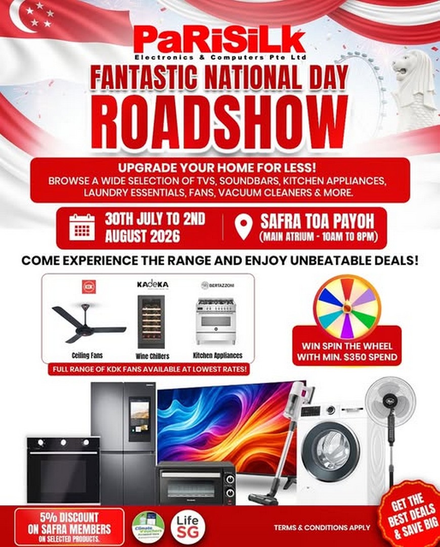 Parisilk-Fantastic-National-Day-Roadshow-Sale 30 July – 2 August 2026: Parisilk Fantastic National Day Roadshow Sale at SAFRA Toa Payoh – Save on TVs, Home Appliances, KDK Fans and More