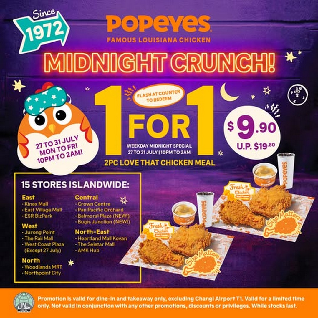 Popeyes-Singapore-1-for-1-2pc-Love-That-Chicken-Meal-Promotion 27-31 July 2026: Popeyes Singapore 1-for-1 2pc Love That Chicken Meal Promotion After 10PM at Selected Outlets
