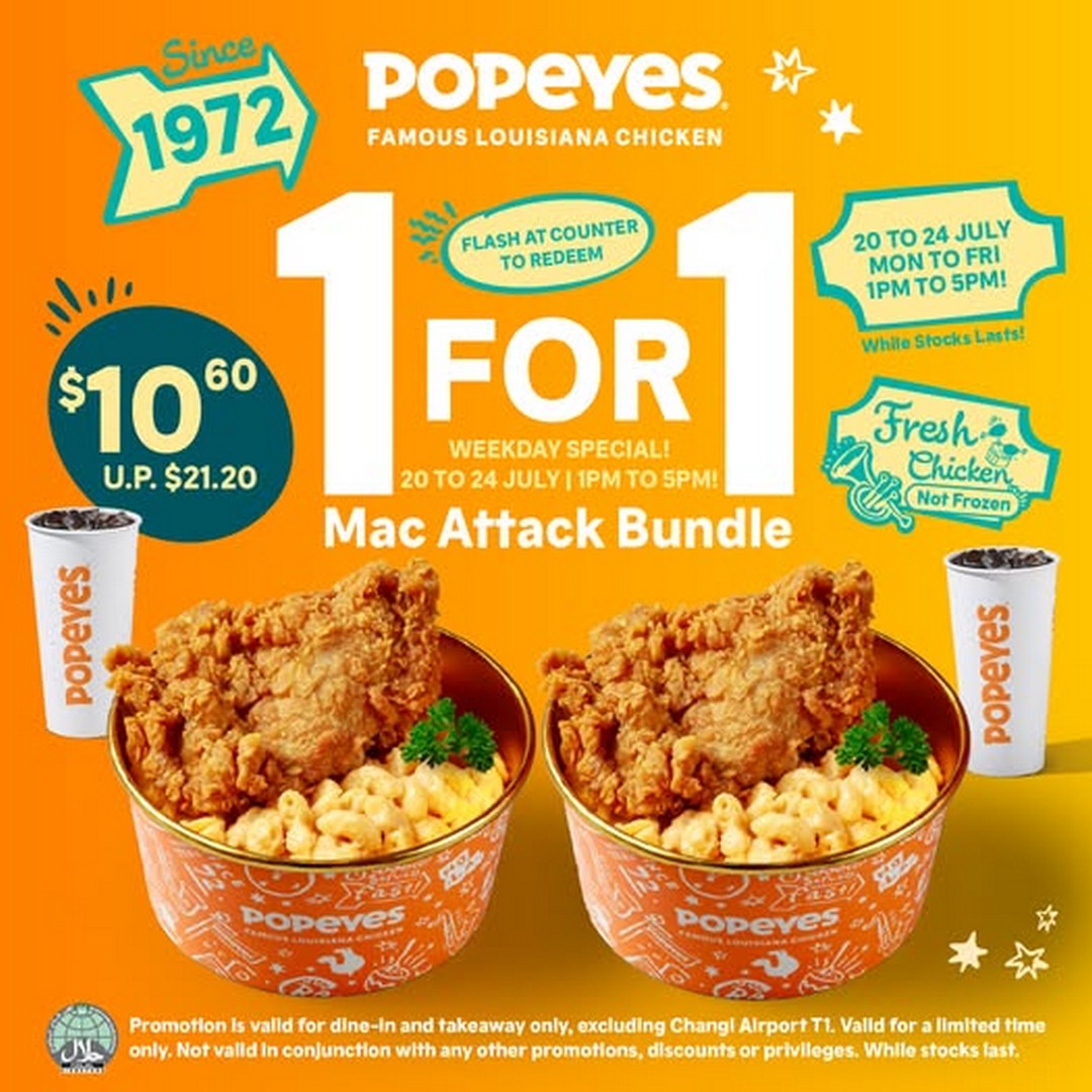 Popeyes-Singapore-1-for-1-Mac-Attack-Bundle-Promotion 17 July 2026 onwards: Popeyes Singapore 1-for-1 Mac Attack Bundle Promotion – Enjoy Two Cheesy Bowls and Drinks for Only $10.60 During Afternoon Deal