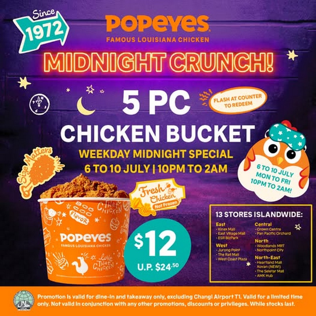 Popeyes-Singapore-Midnight-Cravings-Promotion 6–10 July 2026: Popeyes Singapore Midnight Cravings Promotion – $12 5pc Chicken Bucket Late-Night Flash Sale Deal