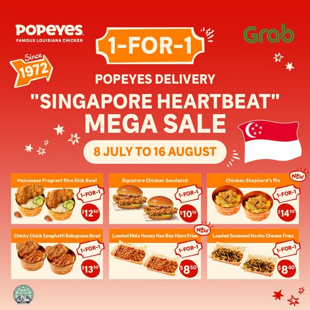 Popeyes-Singapore-Singapore-Heartbeat-Delivery-Promotion 8 July – 16 August 2026: Popeyes Singapore "Singapore Heartbeat" Delivery Promotion – Enjoy 1-for-1 Grab Deals and 50% Off Foodpanda National Day Specials