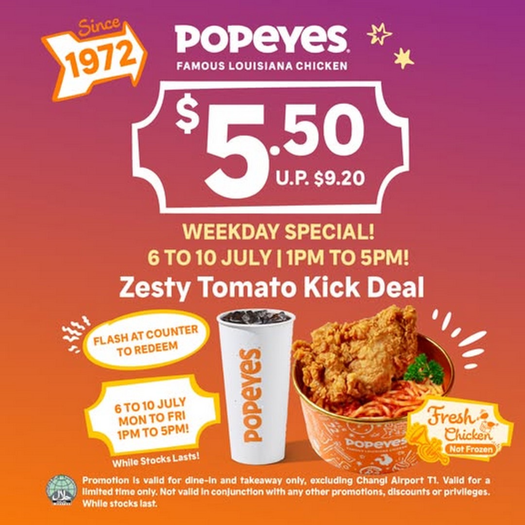 Popeyes-Singapore-Zesty-Tomato-Kick-5.50-Afternoon-Fix-Promotion 6–10 July 2026: Popeyes Singapore, Zesty Tomato Kick $5.50 Afternoon Fix Promotion Deal at Selected Outlets