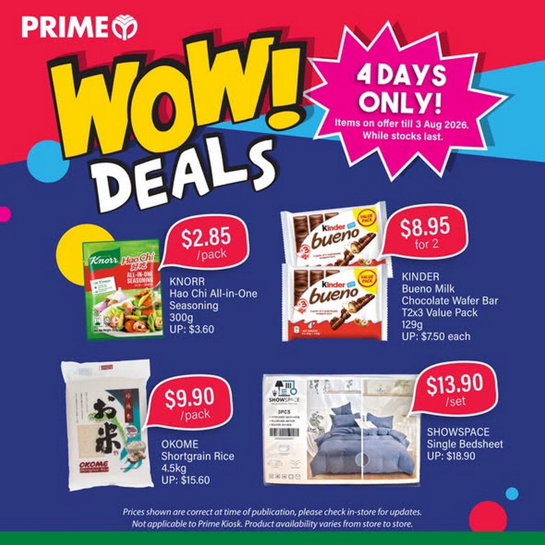 Prime-Supermarket-WOW-Deals-4-Days-Only-Fresh-Groceries Now till 3 August 2026: Prime Supermarket: WOW Deals 4 Days Only Fresh Groceries, Daily Essentials & Favourite Picks Sale Promotion