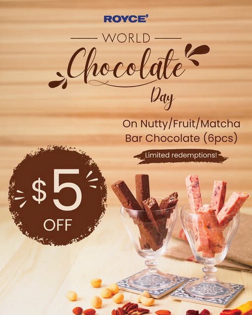 ROYCE-Chocolate-Singapore-World-Chocolate-Day-Promotion 7-10 July 2026: ROYCE' Chocolate Singapore World Chocolate Day Promotion – Enjoy $5 OFF Nutty, Fruit & Matcha Bar Chocolate (6pcs) In-Store for a Limited Time