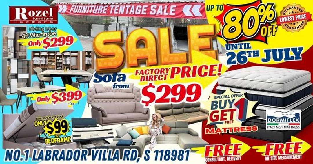 Rozel-Factory-Direct-Furniture-Tentage-Sale-Singapore 19-26 July 2026: Rozel Factory-Direct Furniture Tentage Sale Singapore – Save Up to 80% on Premium Furniture and Dormiflex Mattress Promotion at Labrador Villa Road