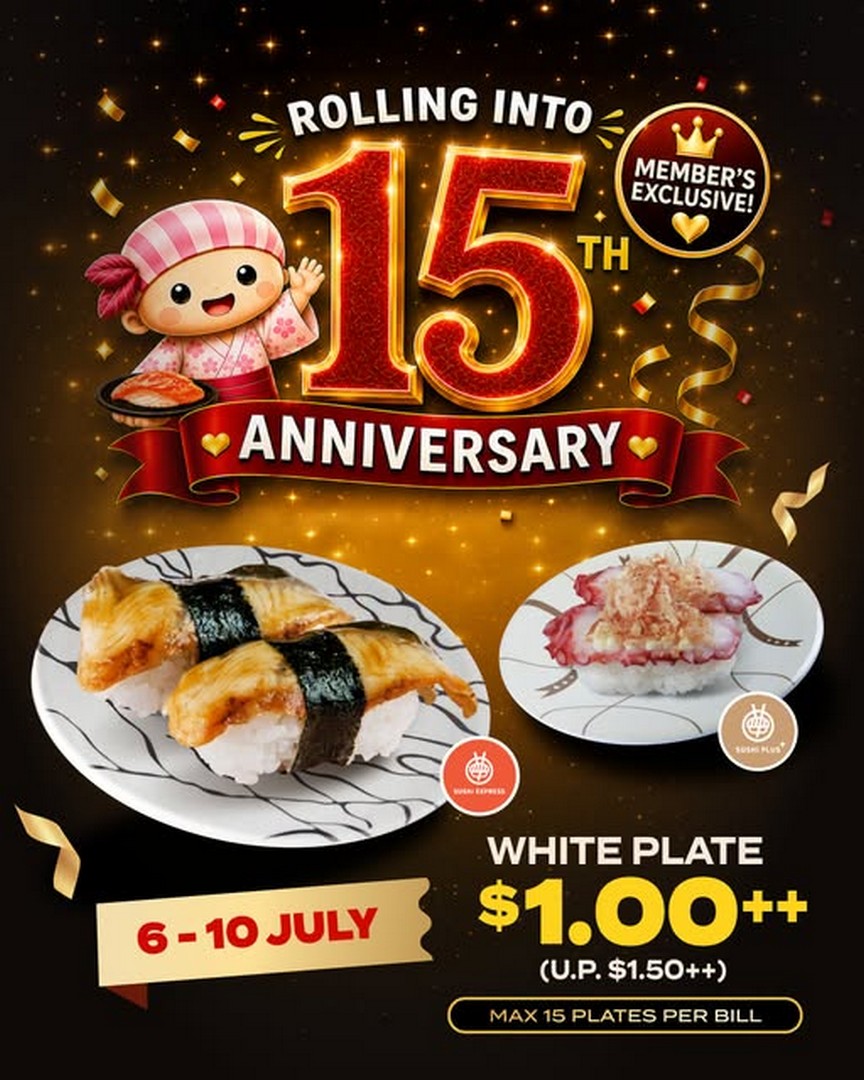Sushi-Express-Singapore-15th-Anniversary-Promotion 6-10 July 2026: Sushi Express Singapore 15th Anniversary Promotion – Enjoy White Plates for Just S$1.00++ at Participating Outlets