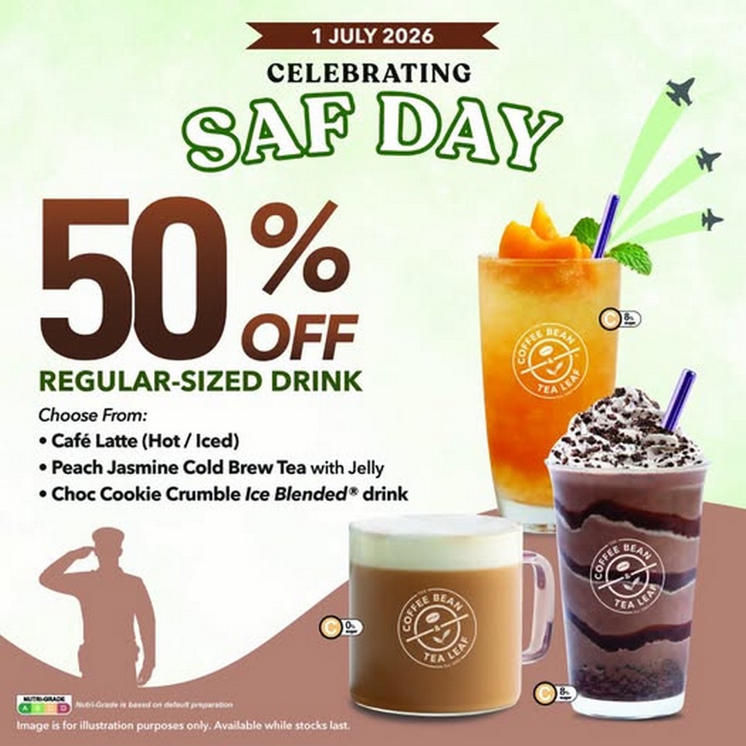 The-Coffee-Bean-Tea-Leaf-Singapore-SAF-Day-Promotion 1 July 2026: The Coffee Bean & Tea Leaf Singapore SAF Day Promotion: National Servicemen and SAFRA Members Enjoy 50% Off Selected Drinks at Compass One