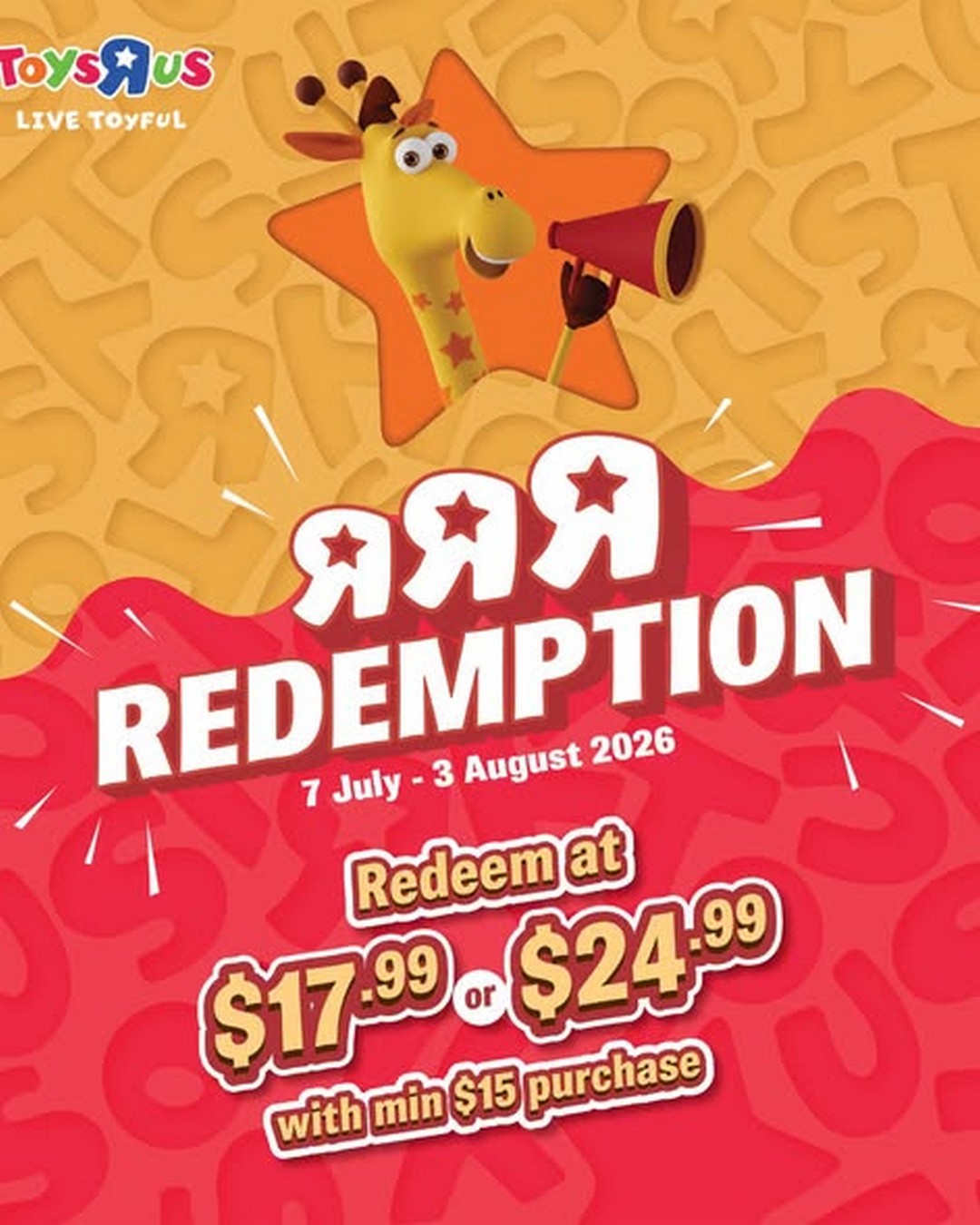 Toys-R-Us-Singapore-Monthly-Redemption-Deals-Promotion Now till 3 August 2026: Toys"R"Us Singapore Monthly Redemption Deals Promotion – Spend $15 and Unlock Up to 40% OFF Selected Toys and Collectibles