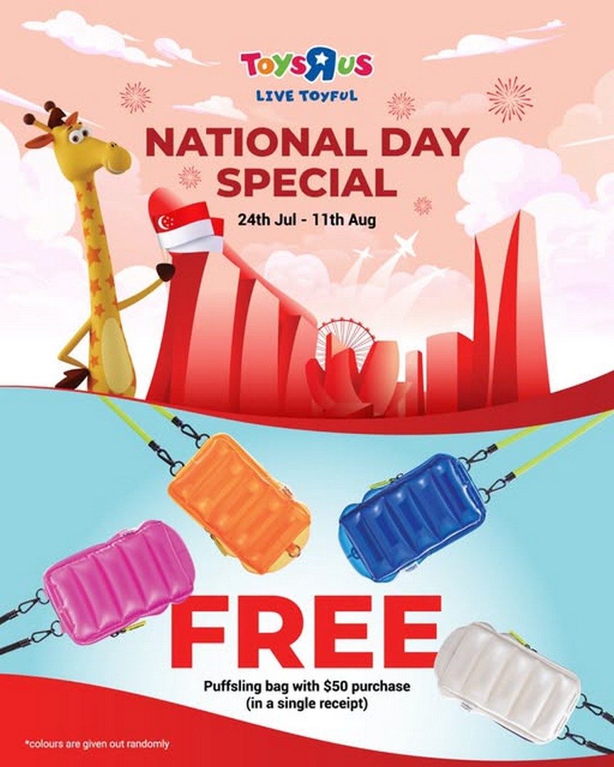 Toys-R-Us-Singapore-Promotion 24 July-11 August 2026: Toys"R"Us Singapore Promotion: Get A Free Puff Sling Bag With $50 Purchase To Celebrate Singapore’s 61st Birthday